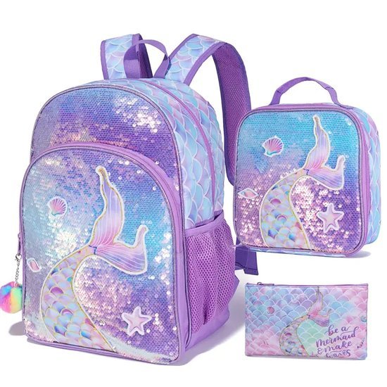 Schoolrugzak set voor meisjes met zeemeermin - Pailletten met lunchtas, etui - Lila/paars