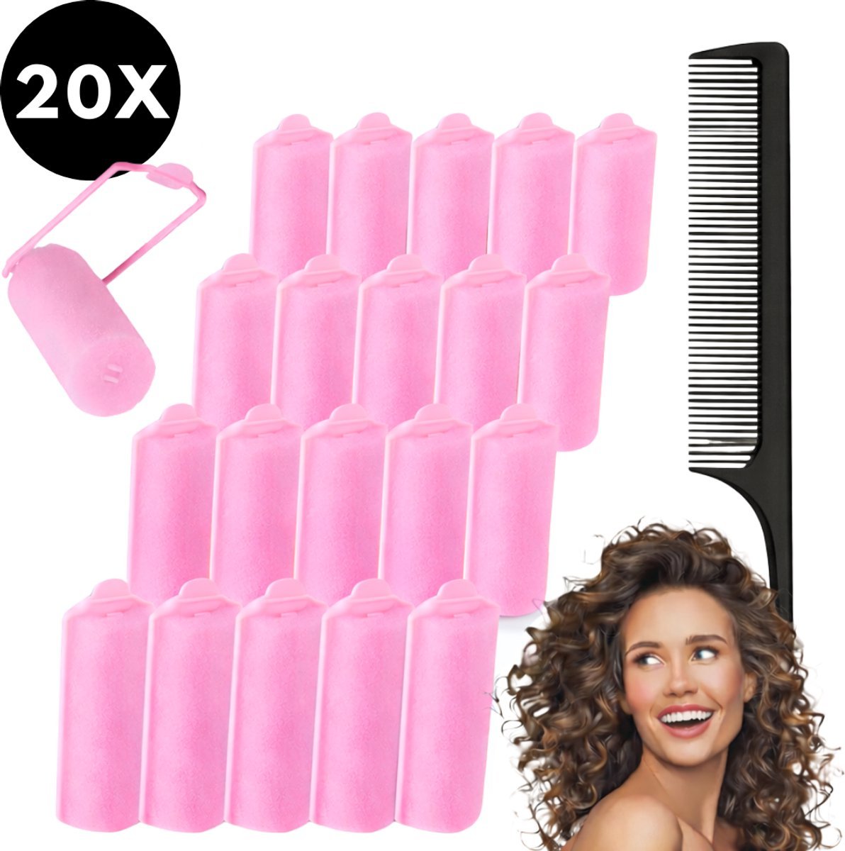 Haarrollers zonder hitte voor krullen - Haarkrullers met kam en spiegel (20 stuks) 1 Haarrollers met kam en spiegel - Krullen zonder hitte (20 stuks)