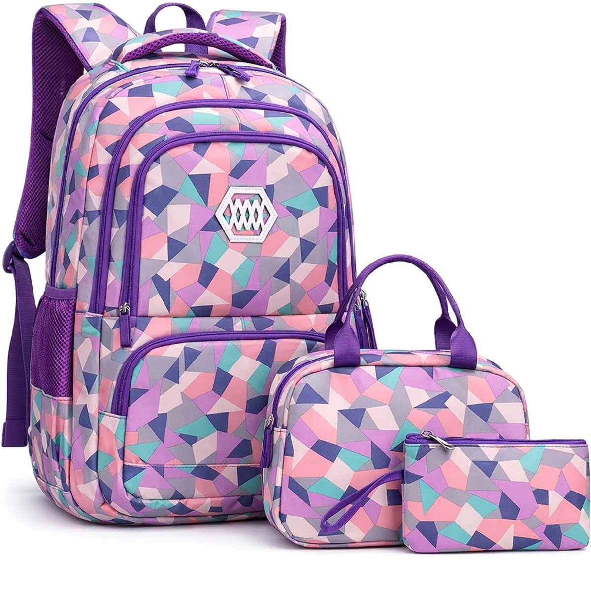 Rugzak met lunchtas en etui - Paars - Schooltassen set
