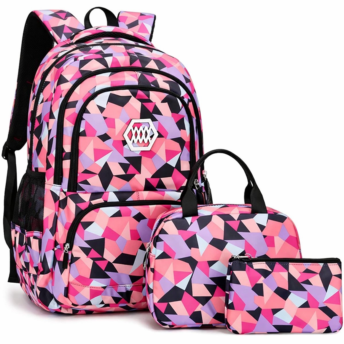 Rugzak met lunchtas en etui - Roze/zwart - Schooltassen set