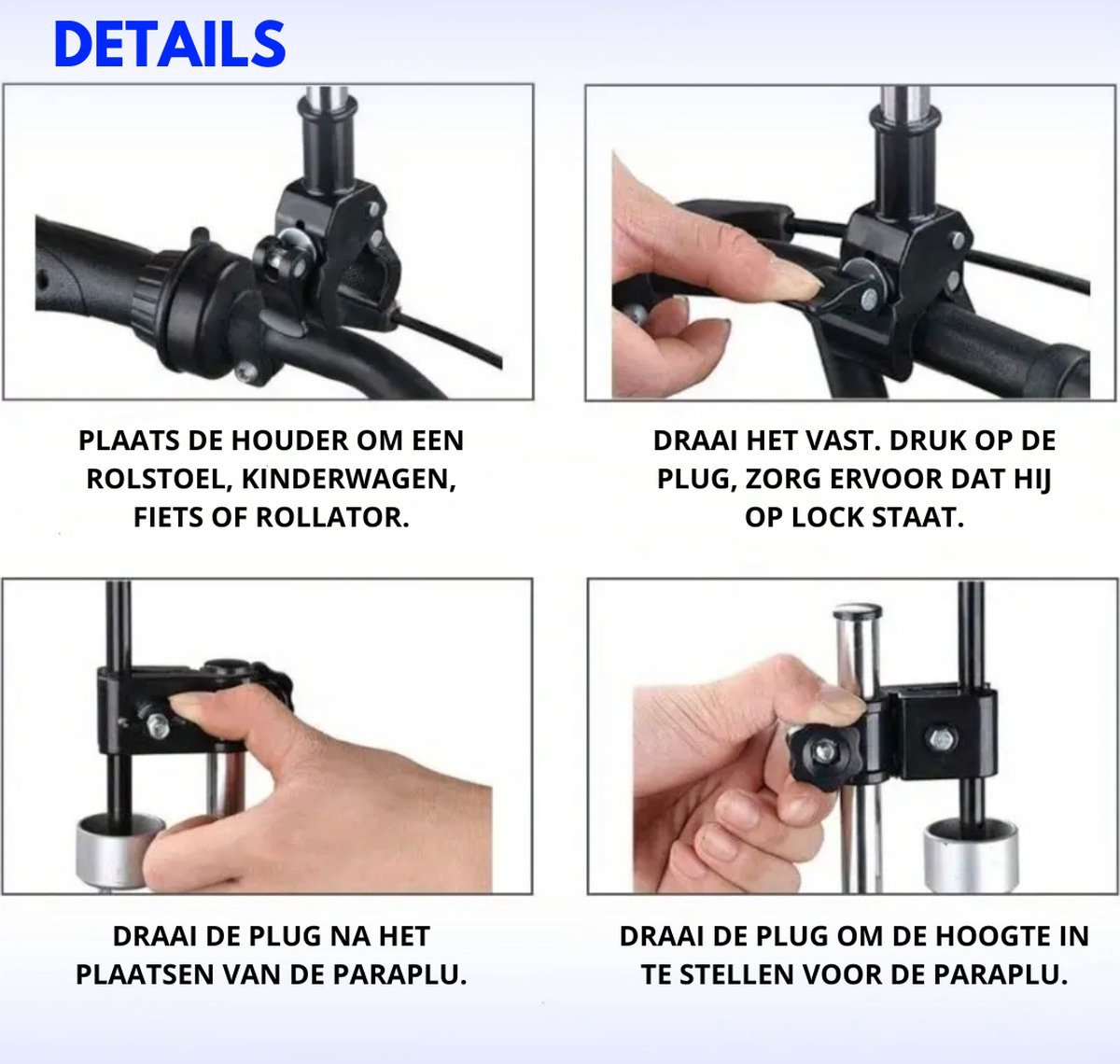 Parapluhouder voor rollator, rolstoel, kinderwagen - Verstelbaar 4 Verstelbare parapluhouder - Voor kinderwagen, rolstoel, rollator, fiets - Monteren