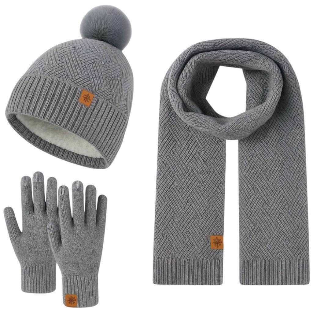 Winterset voor dames - Muts, sjaal en handschoenen met pompom