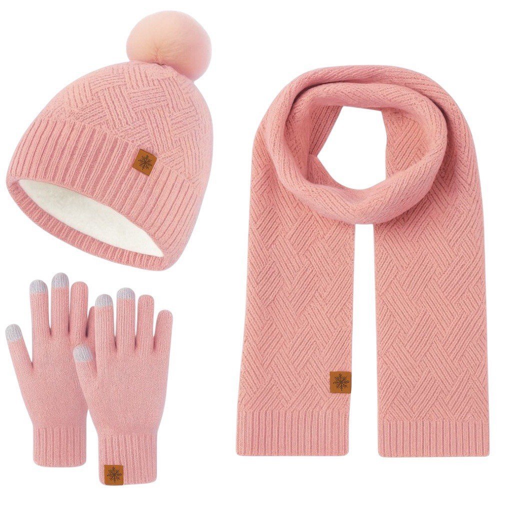 Winterset voor dames - Muts, sjaal en handschoenen met pompom