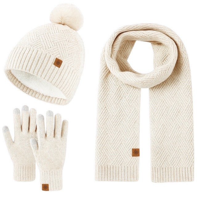 Winterset voor dames - Muts, sjaal en handschoenen met pompom