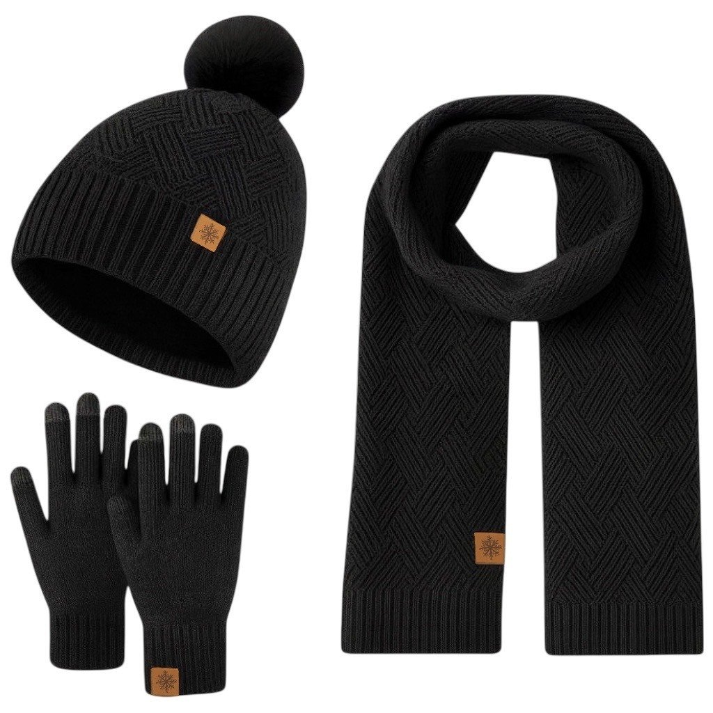 Winterset voor dames - Muts, sjaal en handschoenen met pompom