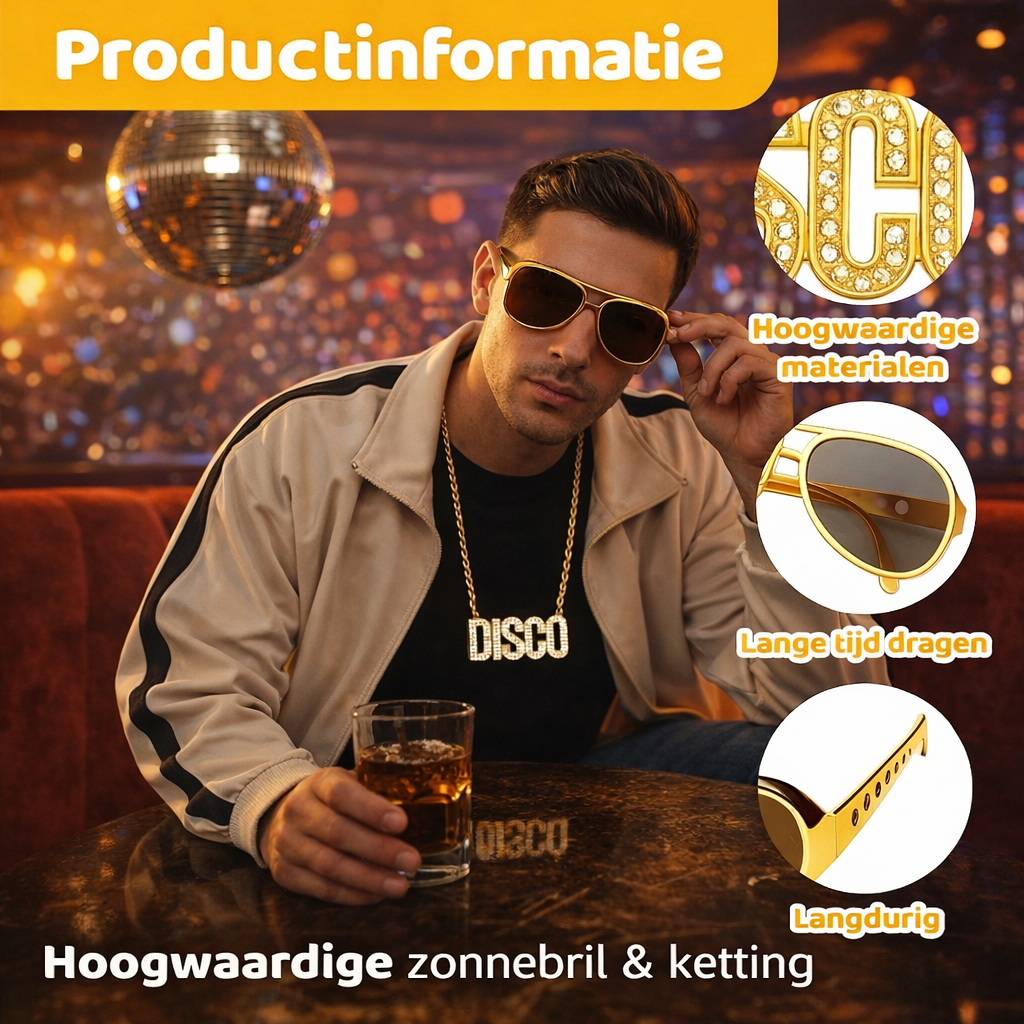 Disco verkleedset heren - Ketting met zonnebril - 80s en 90s - Goud