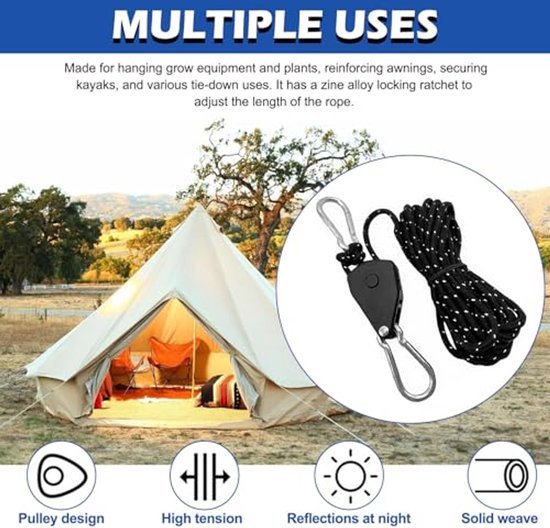 Scheerlijnen met spanner - 4 stuks - Reflecterend - Camping en kamperen - Zwart