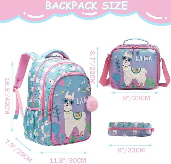 Schoolrugzak met lama - Lunchtas en etui - Complete set - Roze/blauw