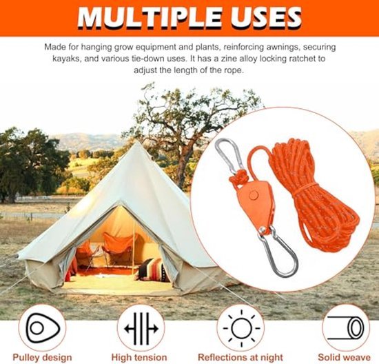 Scheerlijnen 4 stuks - Met spanner - Reflecterend - Camping en kamperen - Oranje 3 Ultiluxe® Scheerlijnen voor Camping - 4 Stuks - Met Spanner - Karabijnhaak - Reflecterende Scheerlijn - 4 m - Reflecterend - Winddicht - Oranje
