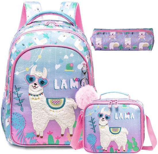 Schoolrugzak met lama - Lunchtas en etui - Complete set - Roze/blauw