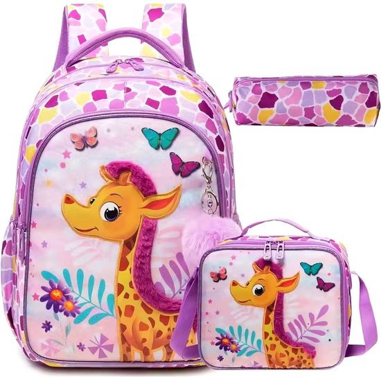 Schoolrugzak, Schoolrugzak met giraf - Lunchtas en etui - Complete set - Roze/paars, etui met giraf - Complete set - Roze/paars