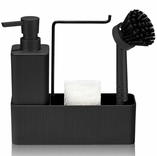 Afwasorganizer met zeepdispenser en afwasborstel - Zwart