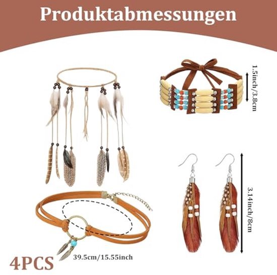 Indianen verkleed set - Veren hoofdband, armband, ketting en oorbellen
