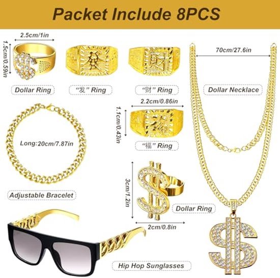 Rapper accessoireset heren - Gangster verkleedset - Goud - 8-delig