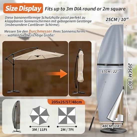 Parasolhoes voor parasol - Grijs - Beschermhoes tuinparasol - Waterdicht