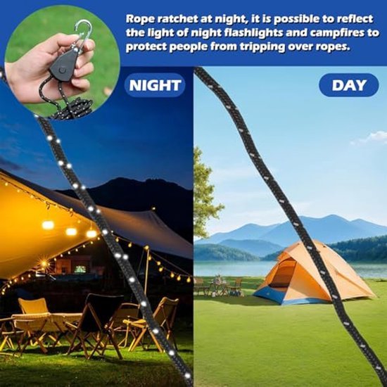 Scheerlijnen met spanner - 4 stuks - Reflecterend - Camping en kamperen - Zwart