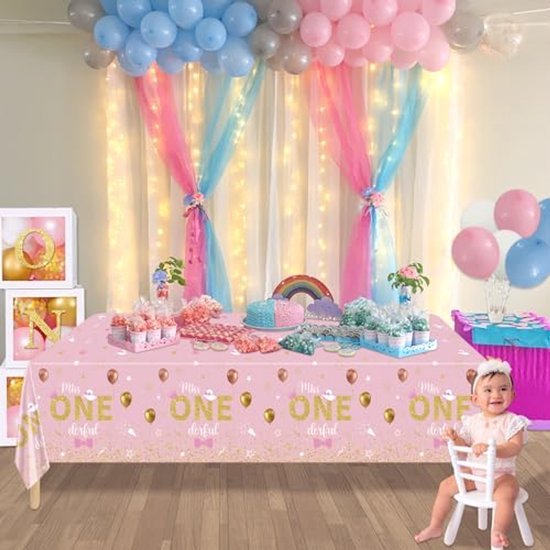 Tafelkleed Miss ONEderful - 1e verjaardag - Wegwerp tafellaken - Roze