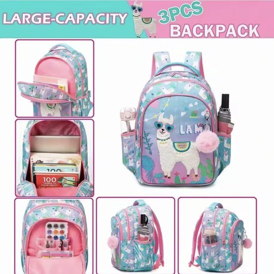 Schoolrugzak met lama - Lunchtas en etui - Complete set - Roze/blauw