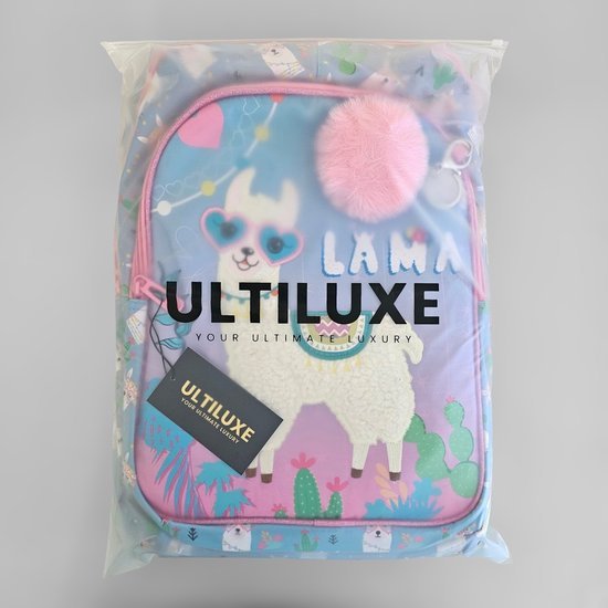 Schoolrugzak met lama - Lunchtas en etui - Complete set - Roze/blauw