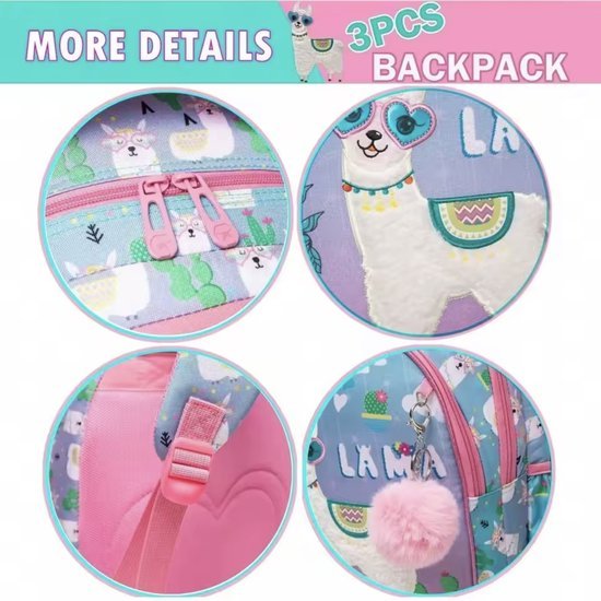 Schoolrugzak met lama - Lunchtas en etui - Complete set - Roze/blauw