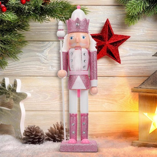 Grote notenkraker met glitters - Houten Kerst soldaat - Roze