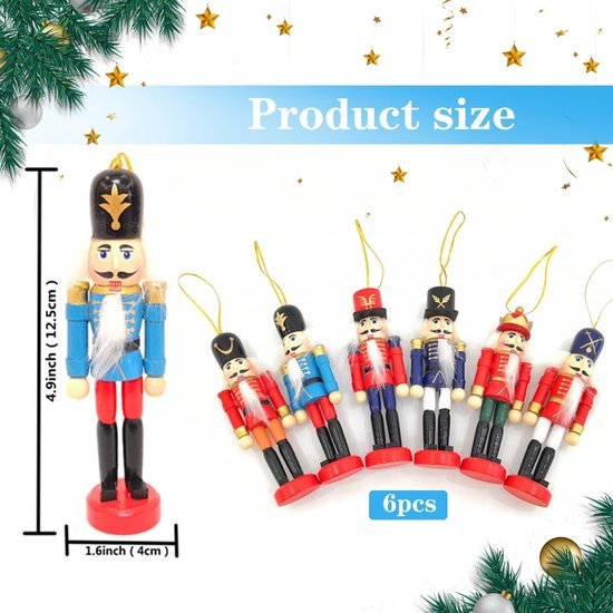 Ophangbare notenkrakers - Kerstmis - Mini houten soldaatjes - 6 stuks