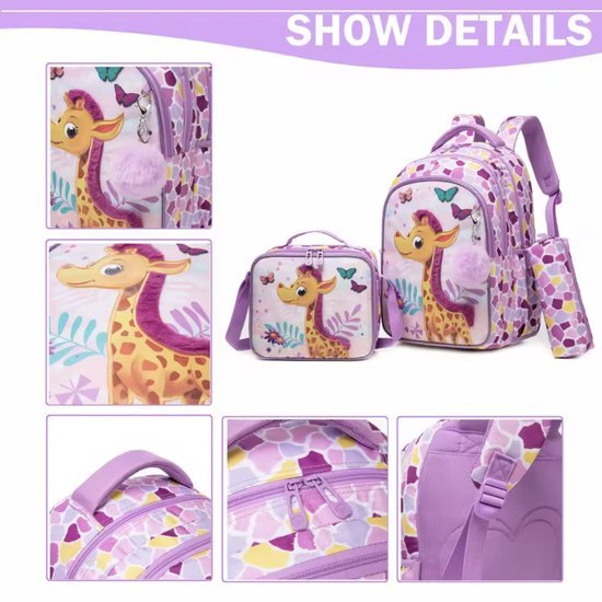 Schoolrugzak met giraf - Lunchtas en etui - Complete set - Roze/paars