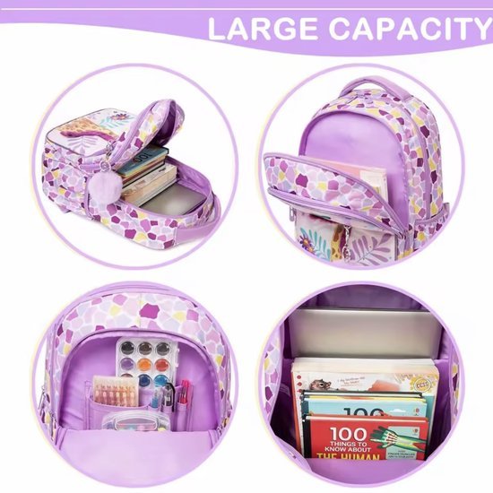 Schoolrugzak met giraf - Lunchtas en etui - Complete set - Roze/paars