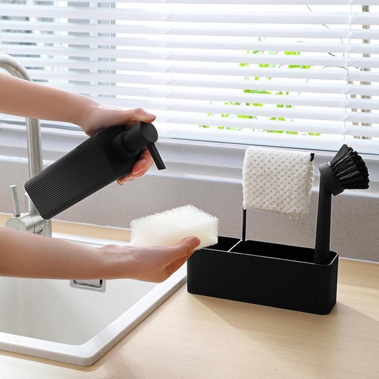 Afwasorganizer met zeepdispenser en afwasborstel - Zwart