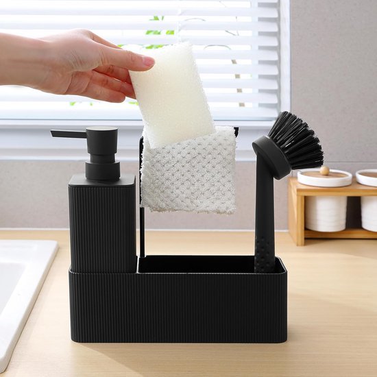 Afwasorganizer met zeepdispenser en afwasborstel - Zwart