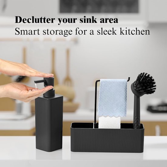 Afwasorganizer met zeepdispenser en afwasborstel - Zwart