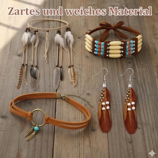 Indianen verkleed set - Veren hoofdband, armband, ketting en oorbellen