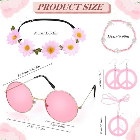 Hippie verkleedset dames - Accessoireset - Bloemen/peace - Roze - 6-delig