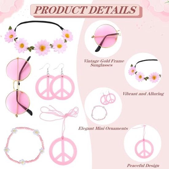Hippie verkleedset dames - Accessoireset - Bloemen/peace - Roze - 6-delig