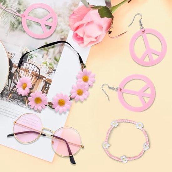 Hippie verkleedset dames - Accessoireset - Bloemen/peace - Roze - 6-delig