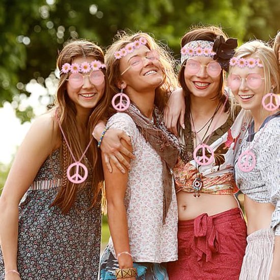 Hippie verkleedset dames - Accessoireset - Bloemen/peace - Roze - 6-delig