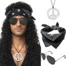 Hippie verkleedset heren - Pruik, zonnebril, ketting, bandana accessoireset - 4-delig