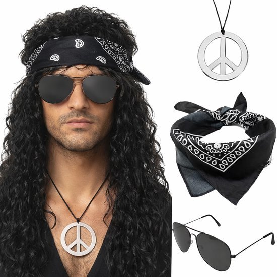 Hippie verkleedset heren - Pruik, zonnebril, ketting, bandana accessoireset - 4-delig