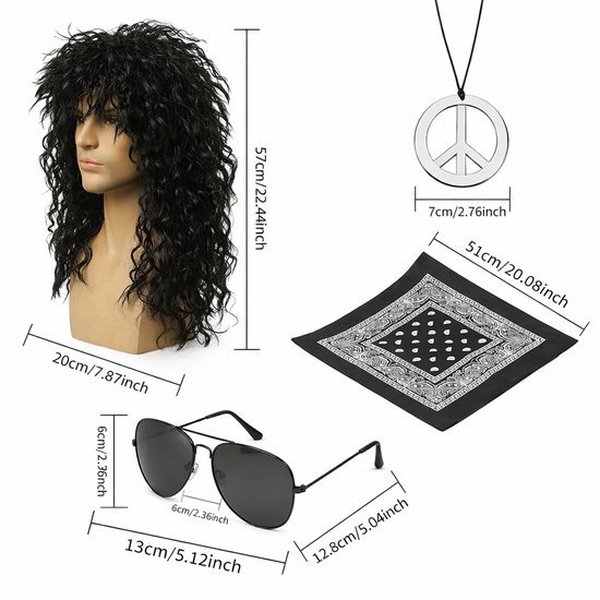 Hippie verkleedset heren - Pruik, zonnebril, ketting, bandana accessoireset - 4-delig