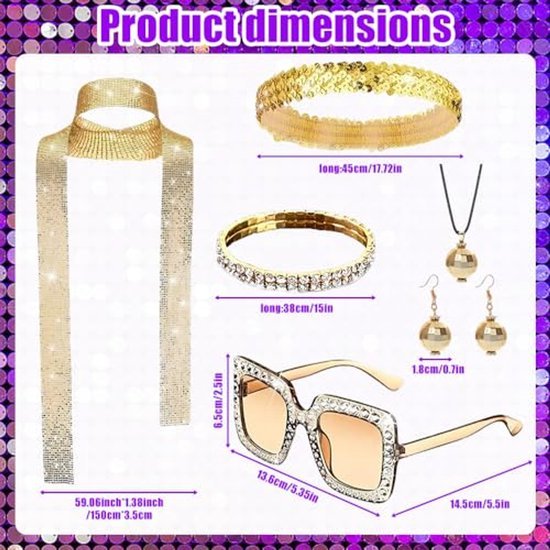 Disco verkleedset dames - Glitter accessoireset - 7-delig - Goud