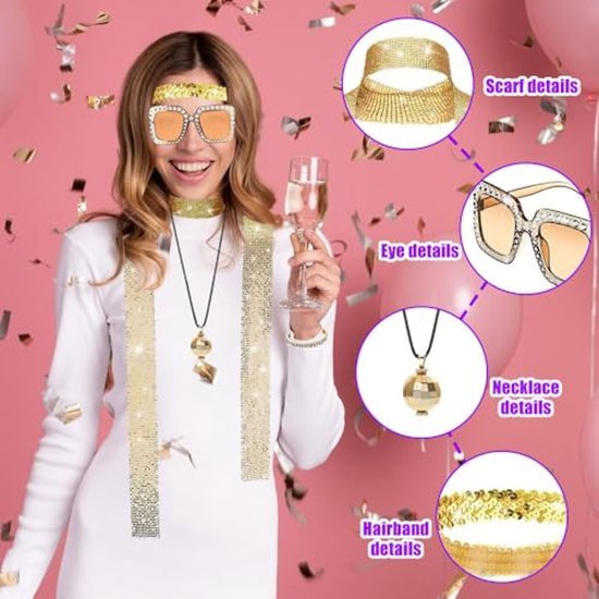 Disco verkleedset dames - Glitter accessoireset - 7-delig - Goud