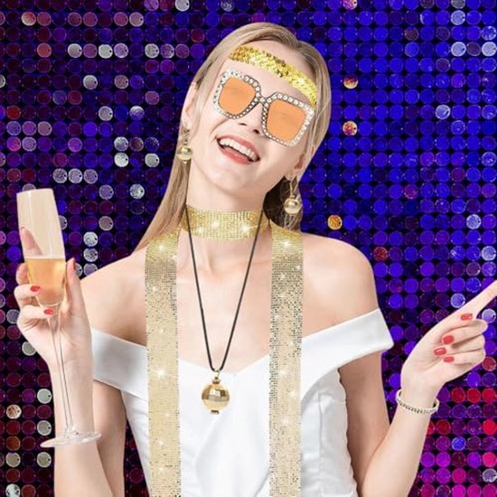 Disco verkleedset dames - Glitter accessoireset - 7-delig - Goud