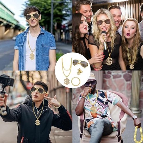 Rapper verkleedset heren - Gangster accessoireset - Goud - 4-delig