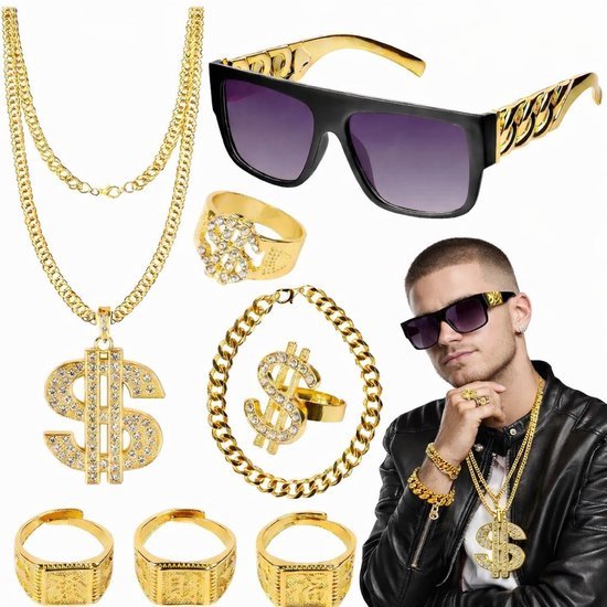 Rapper accessoireset heren - Gangster verkleedset - Goud - 8-delig