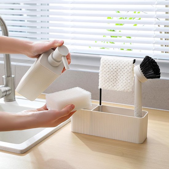 Afwasorganizer met afwasborstel en zeepdispenser - Beige