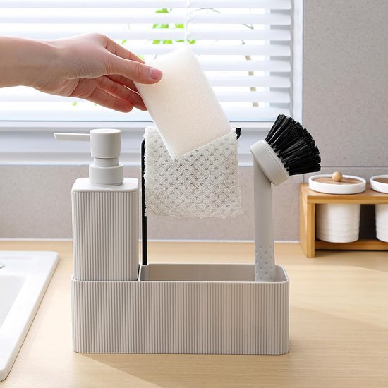 Afwasorganizer met afwasborstel en zeepdispenser - Beige