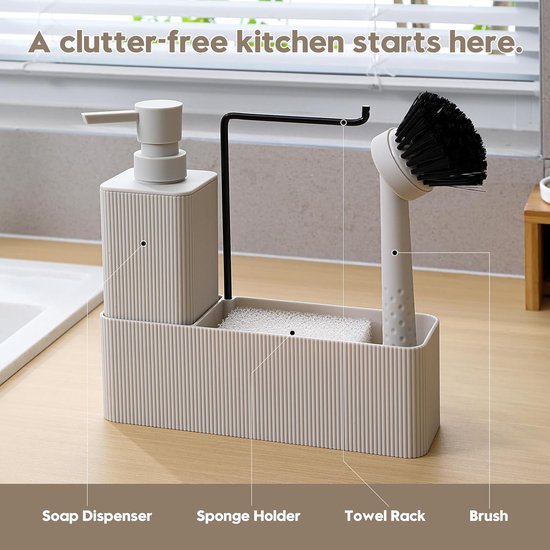 Afwasorganizer met afwasborstel en zeepdispenser - Beige