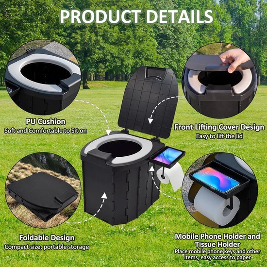 Opvouwbaar campingtoilet - Mobiel toilet - Zwart