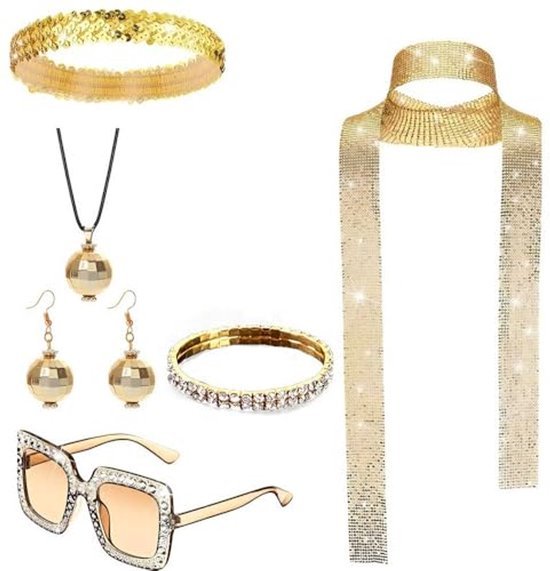 Disco verkleedset dames - Glitter accessoireset - 7-delig - Goud