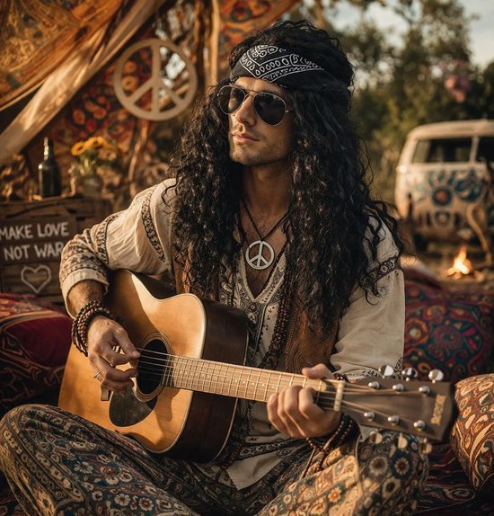 Hippie verkleedset heren - Pruik, zonnebril, ketting, bandana accessoireset - 4-delig